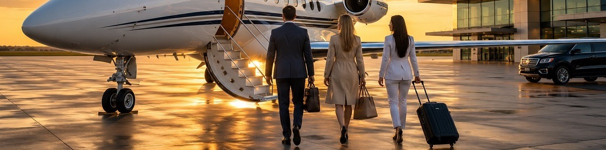 Private jet passengers walking across the tarmac to board an empty leg flight