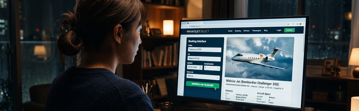 Young lady comparing private jet flight options on an online booking platform