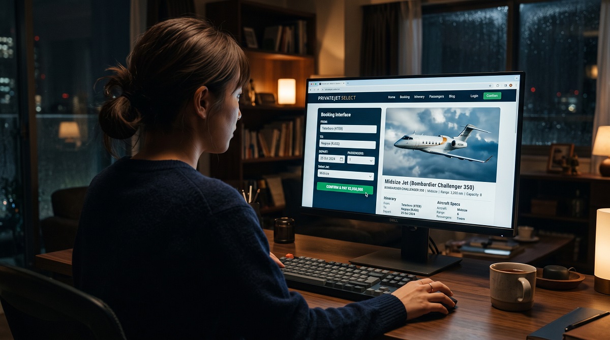 Female traveler booking a midsize private jet flight online from a desktop computer