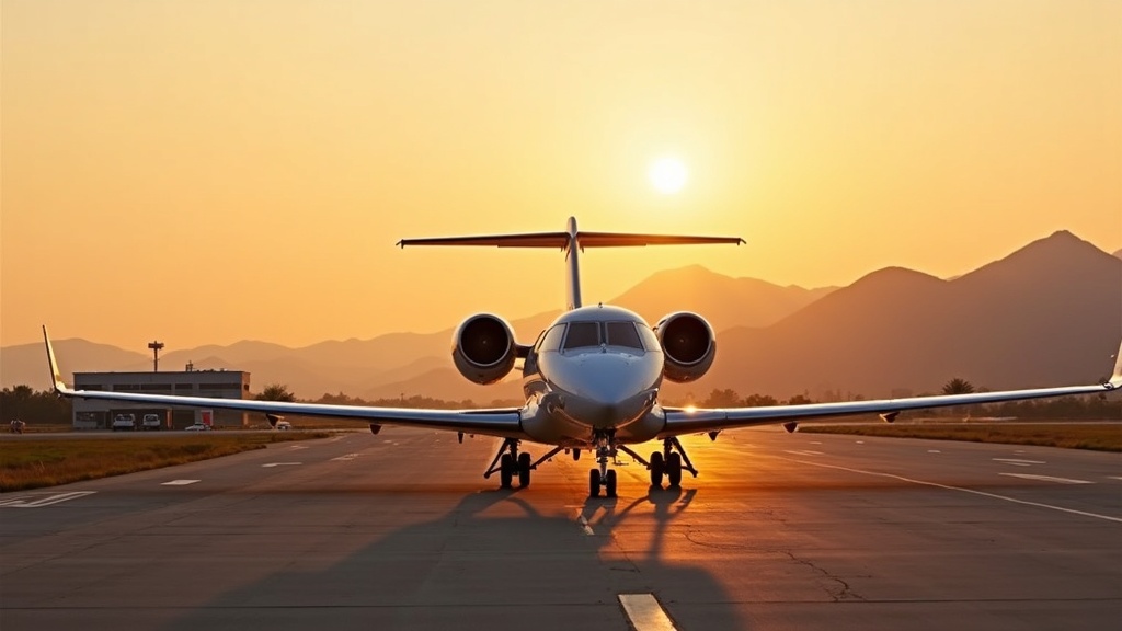 Private jet soaring above the clouds during sunset