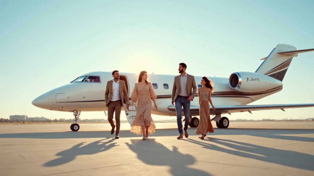 Happy people walking on a tarmac about to board a private jet