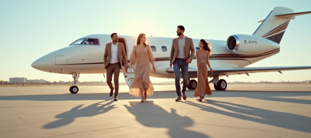 Travelers walking away from a private jet after arriving at their destination