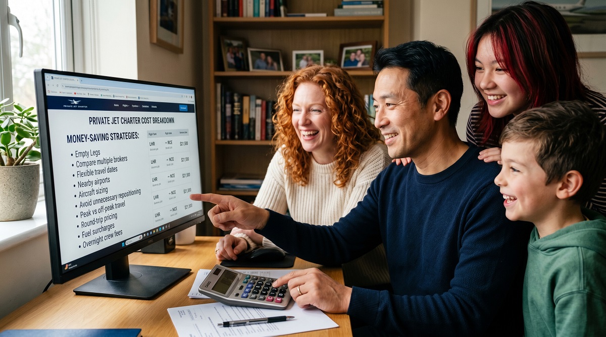 Family comparing private jet charter pricing and money-saving strategies on a computer before booking a flight
