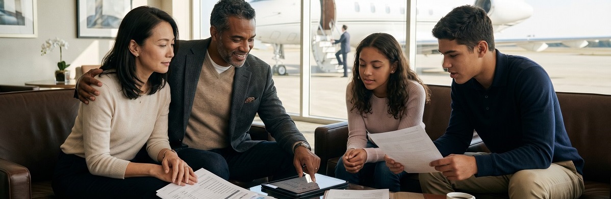 Family comparing private jet travel options and costs before their flight