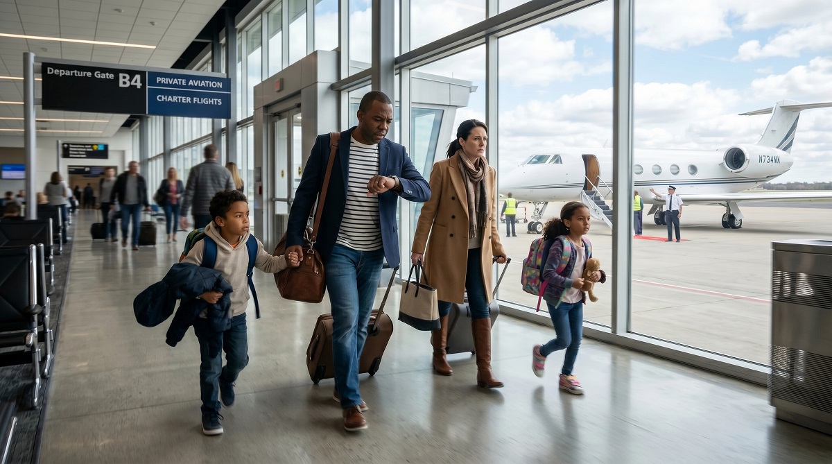 Family walking through a private aviation terminal toward a waiting private jet for a last-minute departure