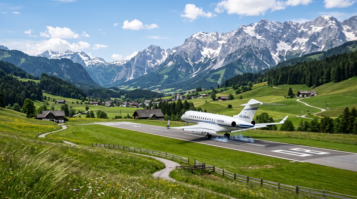 Private jet landing on a runway at a scenic alpine airport surrounded by mountains and green valleys