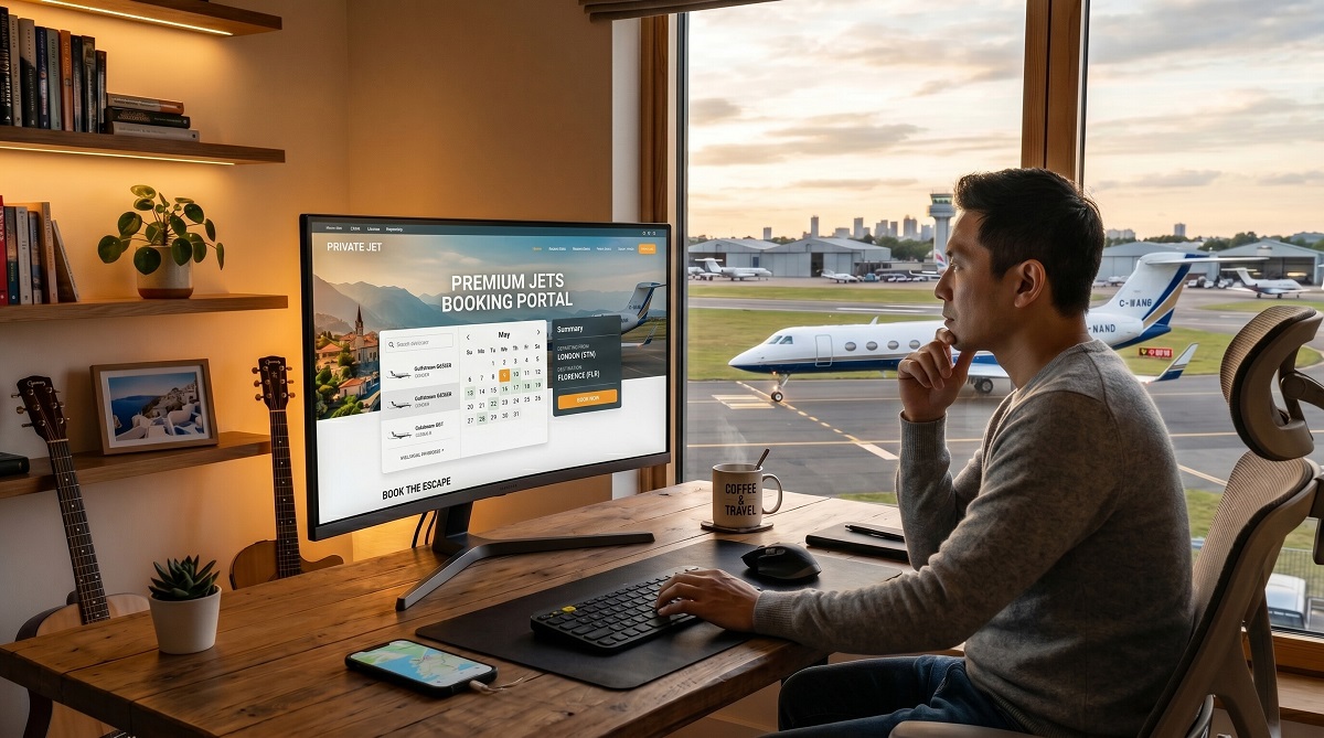 Traveler comparing private jet booking options on a desktop computer while overlooking business jets at an airport