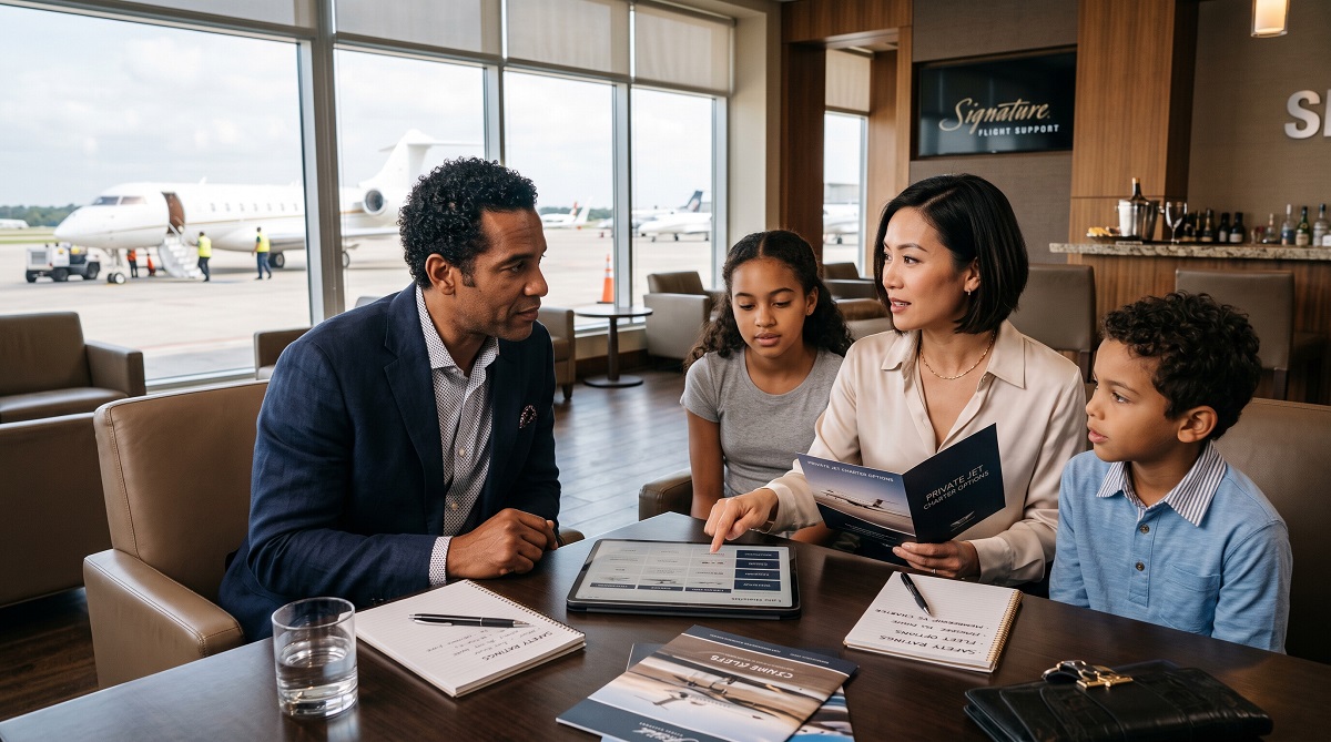 Family discussing private jet charter service options inside an FBO lounge