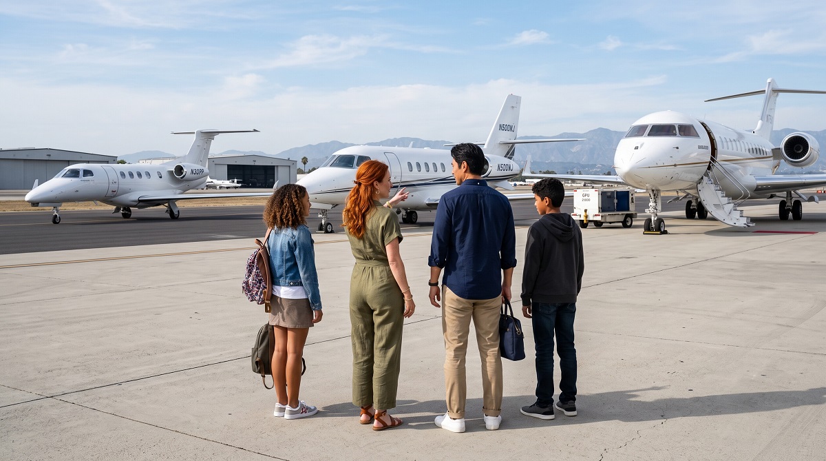 Family standing on the tarmac comparing several private jets before choosing the right aircraft for their flight
