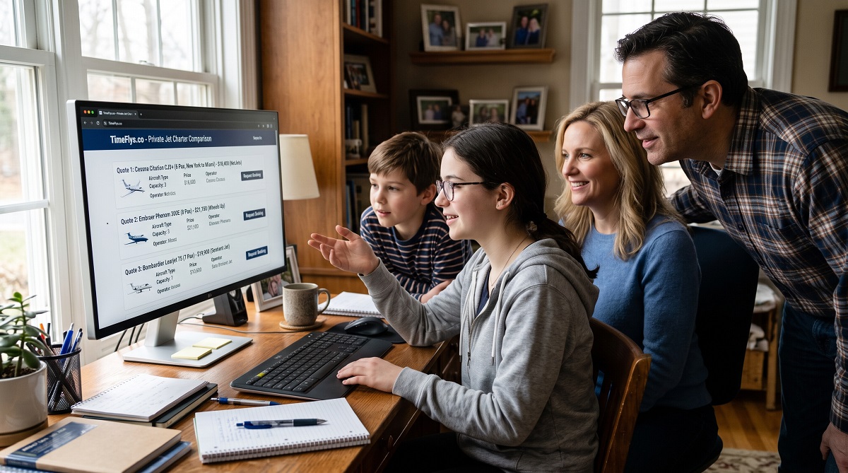Family comparing private jet charter quotes on a computer before booking a flight