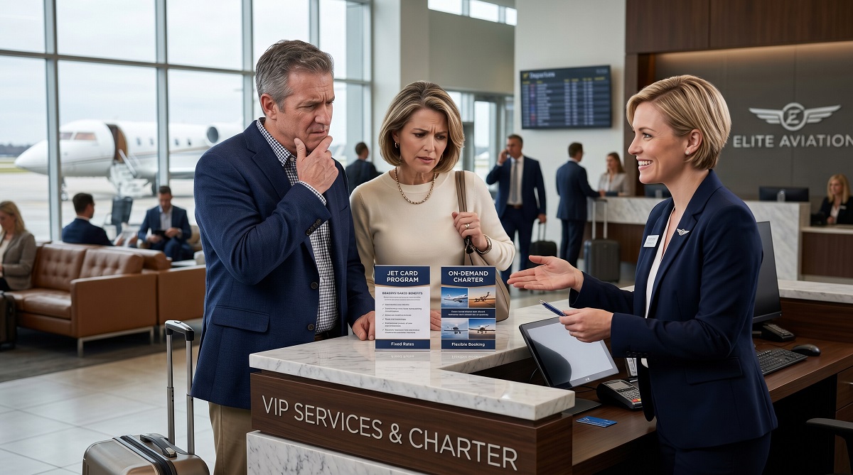 Travelers comparing jet card programs and on-demand charter options with a private aviation representative in an FBO lounge