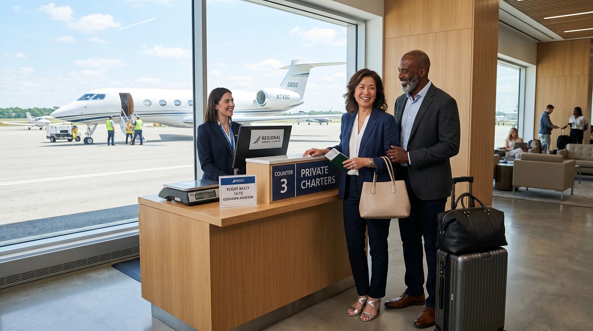 Travelers checking in for a private jet flight at a private terminal while searching for luxury travel deals and discounts