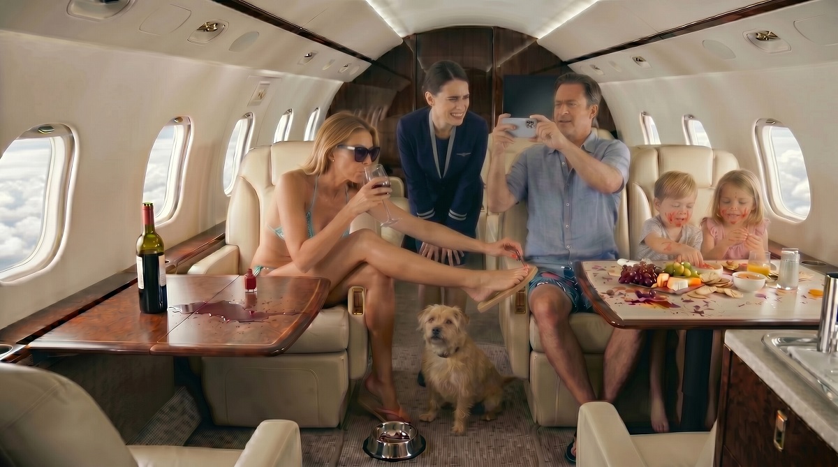 Passengers demonstrating poor private jet etiquette during a private flight