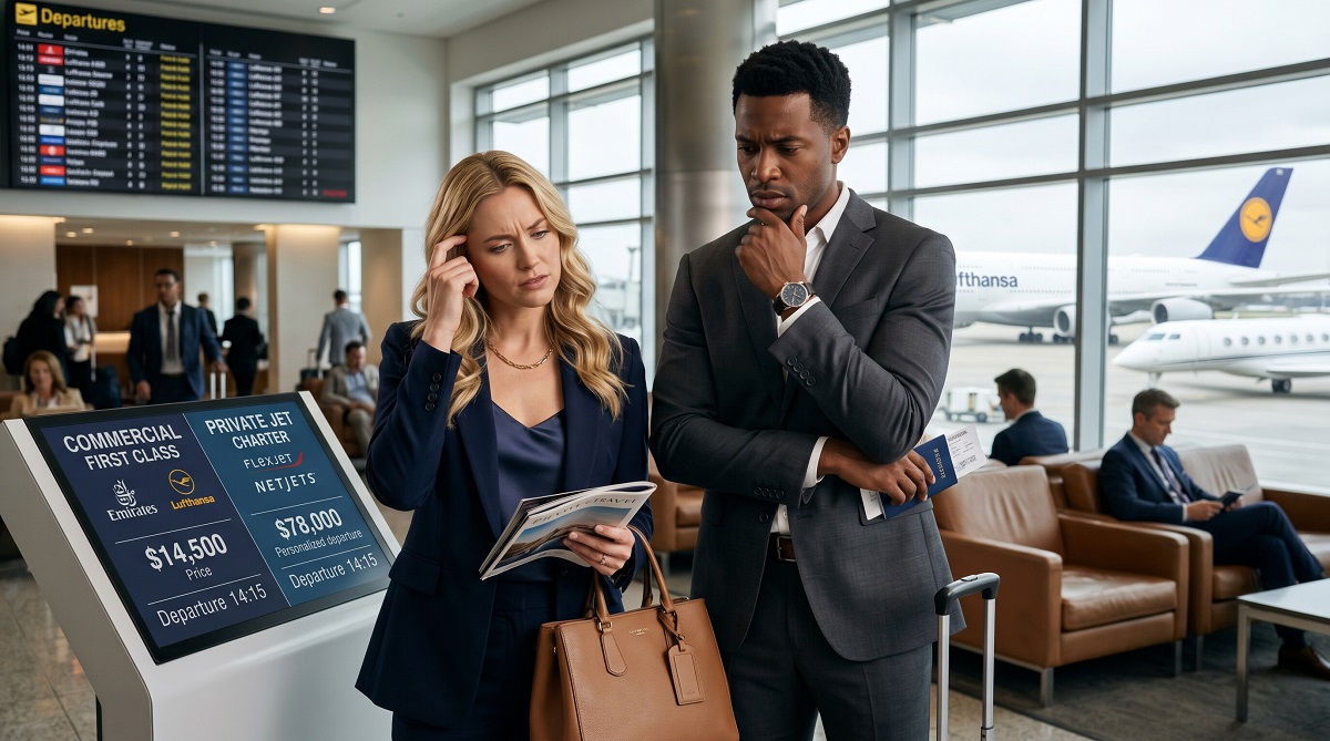 Travelers comparing private jet charter and first-class travel options inside an airport terminal