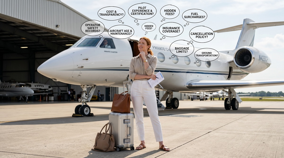 Traveler standing beside a private jet considering important questions before booking a private jet charter flight