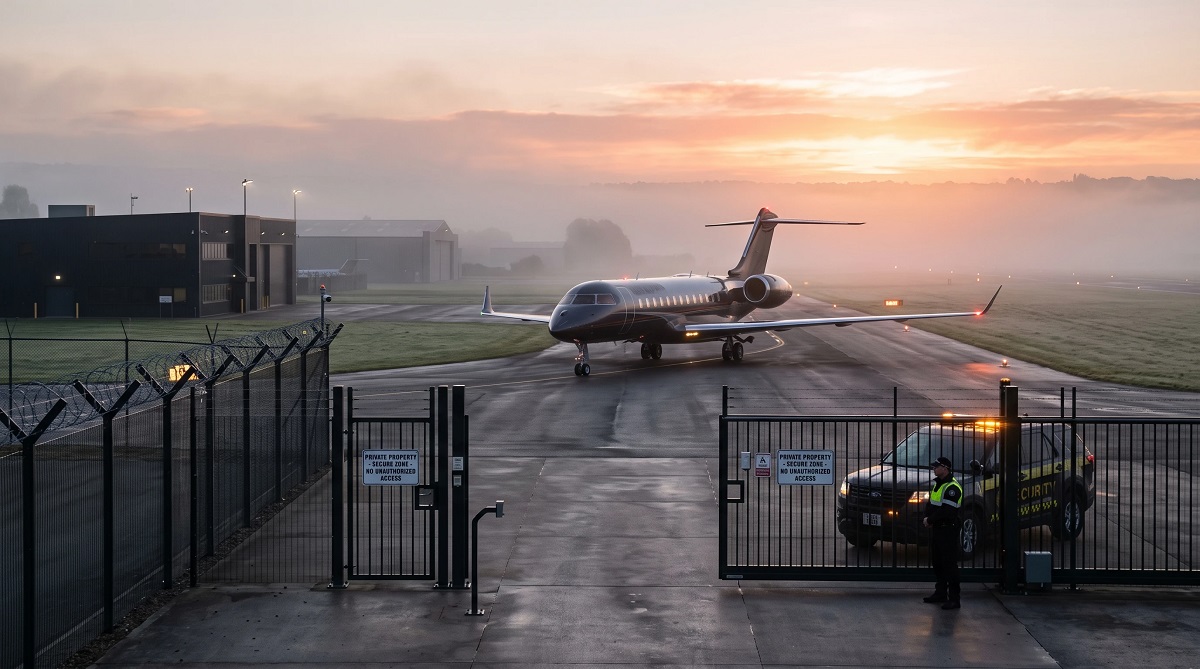 Private jet taxiing behind a secure airport gate at sunrise