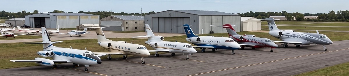 Lineup of private jets representing the evolution of private jet travel at a general aviation airport