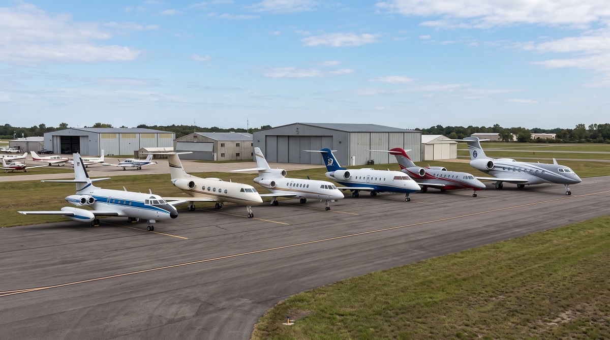 Historic lineup of private jets parked on an airport ramp illustrating the evolution of private jet travel