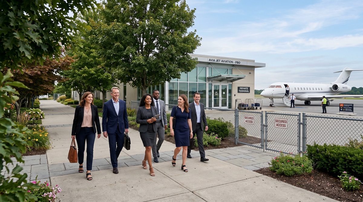 Business travelers walking toward a private terminal with a private jet waiting on the ramp