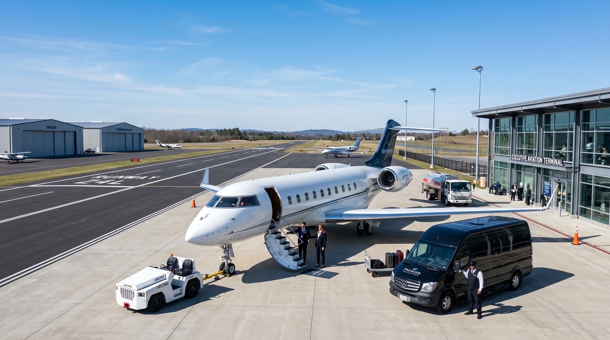 Passengers boarding a private jet outside an executive aviation terminal after completing the booking process