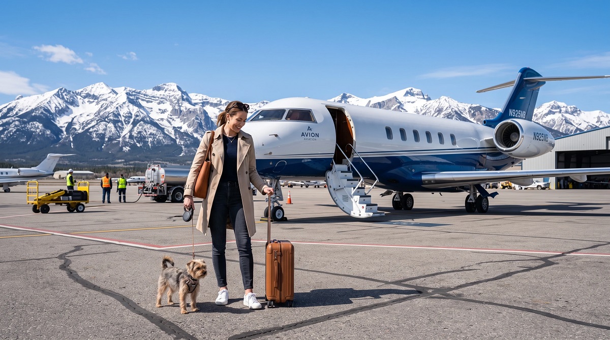 Traveler walking with a small dog standing on the tarmac near a private jet on with snow-capped mountains in the background