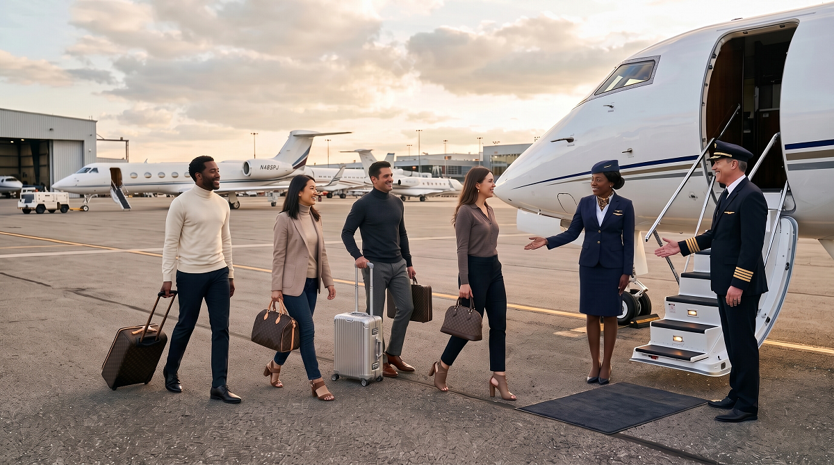 Affluent travelers being welcomed aboard a private jet by the flight crew