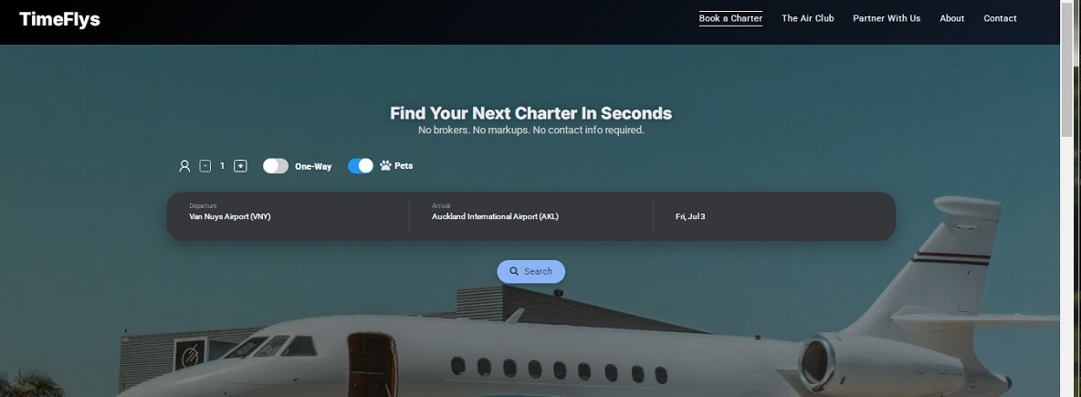 TimeFlys booking page with "Pets" toggle button on