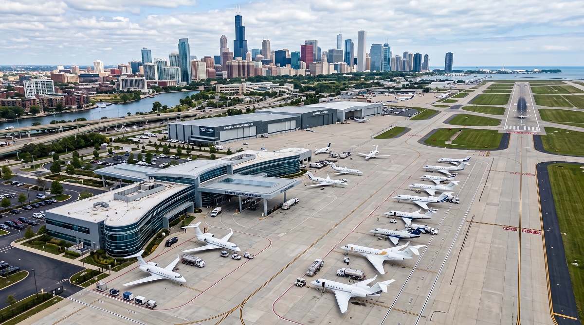 Private aviation terminal and business jets at Chicago Executive Airport with the Chicago skyline in the background, illustrating convenient private jet airports near major U.S. cities.