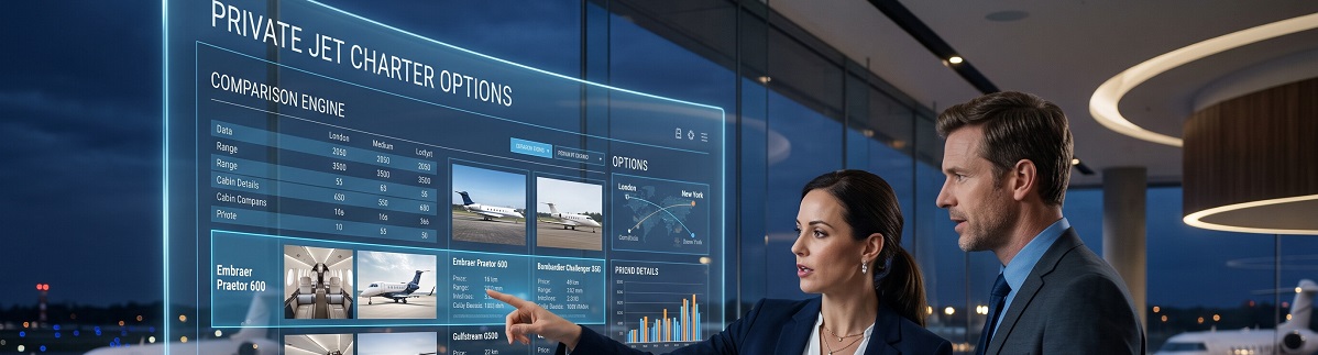 Sophisticated business travelers reviewing private jet charter comparison data and booking options on an interactive display