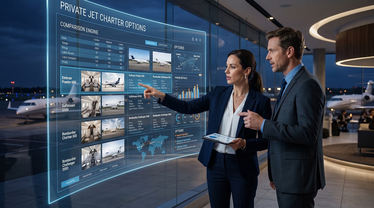 Sophisticated business travelers comparing private jet charter options and aircraft specifications on a digital display