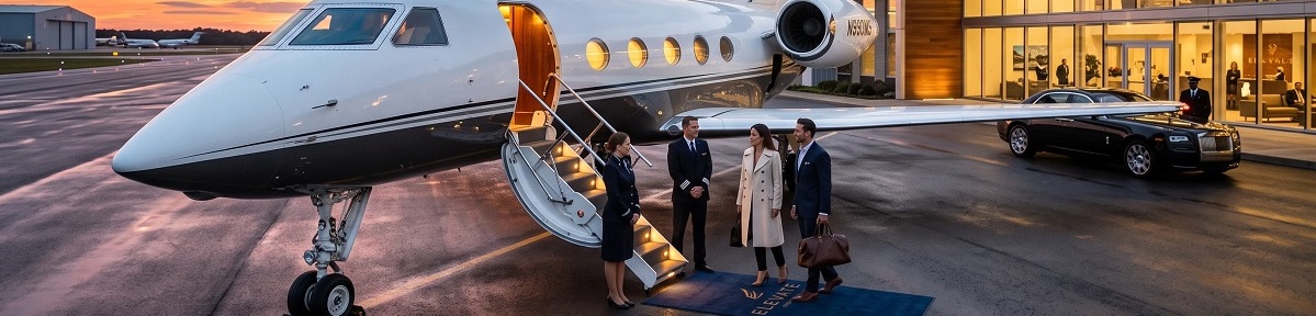 Affluent travelers boarding a private jet at a private terminal, representing the value and convenience of private jet travel for the wealthy