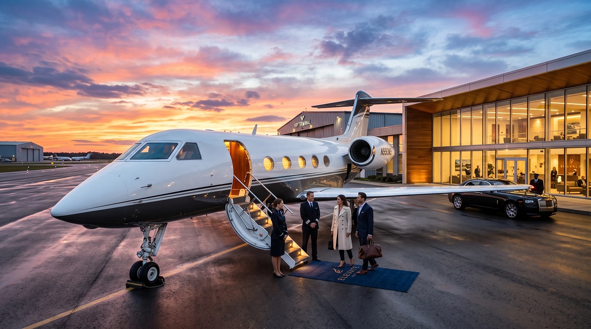 Business travelers boarding a private jet outside a luxury FBO, illustrating the financial logic behind private jet travel for wealthy individuals and executives