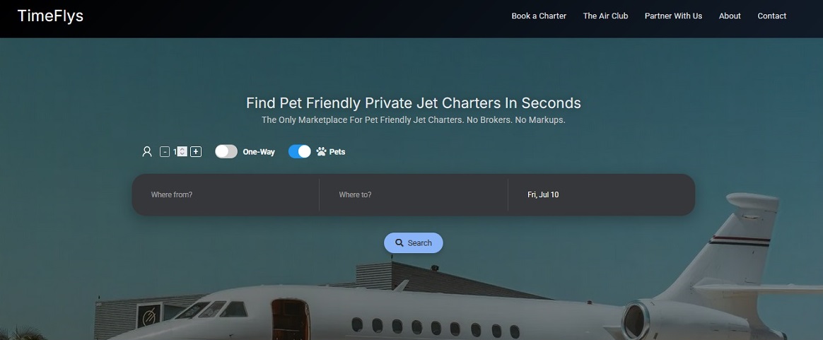 Find Pet Friendly Jet Charters in Seconds on TimeFlys booking page – Screenshot