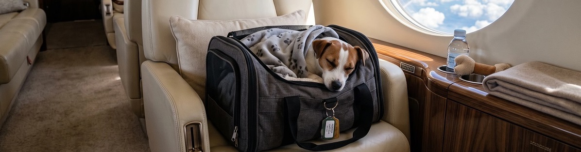 Dog relaxing in a pet carrier aboard a private jet, illustrating private jet travel with pets.
