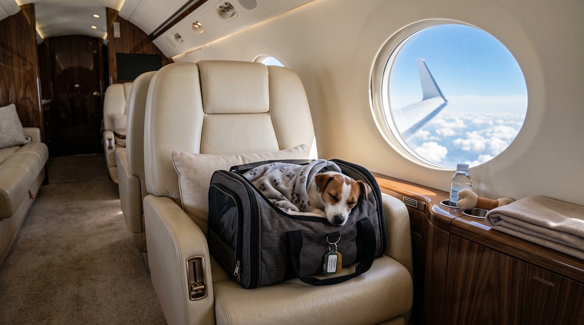 Small dog resting in a pet carrier inside a private jet cabin during a comfortable private jet flight.