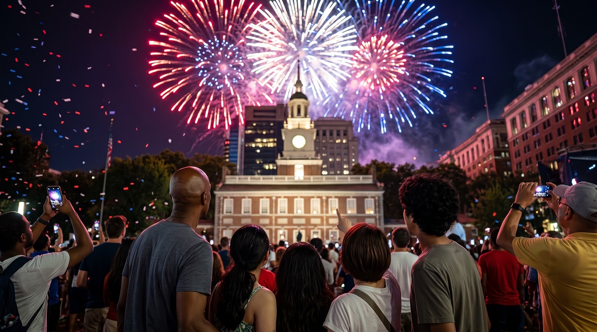Visitors watch fireworks over Independence Hall in Philadelphia during America's 250th birthday celebration.