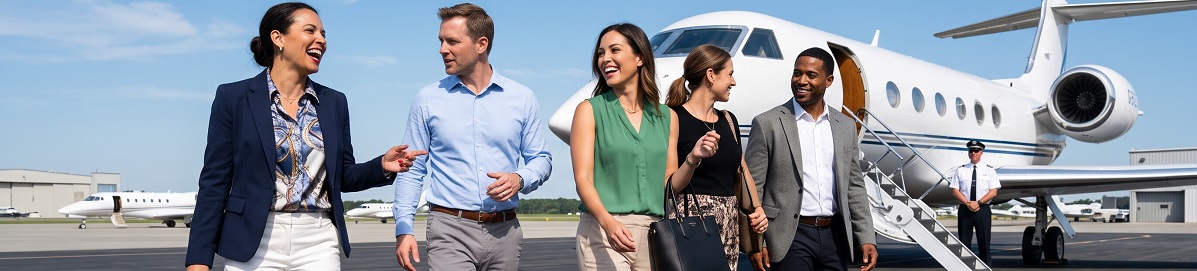 Business executives leaving a private jet while networking on the airport ramp before a meeting
