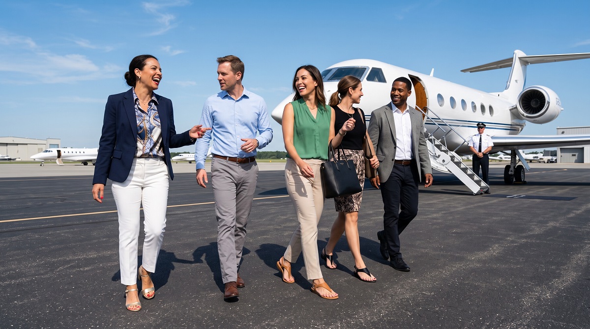 Business professionals walking together after arriving by private jet for a networking opportunity
