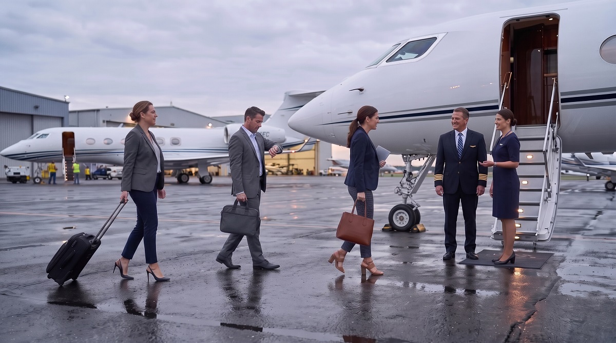 Business travelers arriving for last-minute executive charter jet flights as a pilot and flight attendant welcome passengers aboard