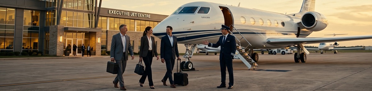 Executive charter jet service provider welcoming business travelers beside a private jet