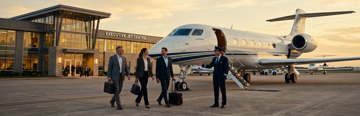 Business travelers arriving for an executive charter jet flight at a private aviation terminal