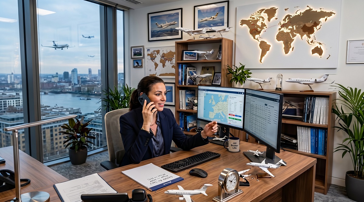 Private jet broker coordinating charter flight options from an office workstation