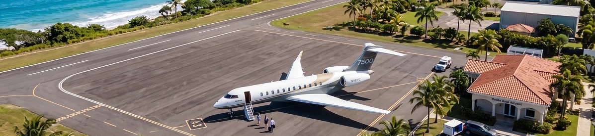 Private jet parked on the tarmac at a tropical island airport beside a turquoise coastline and vacation resort