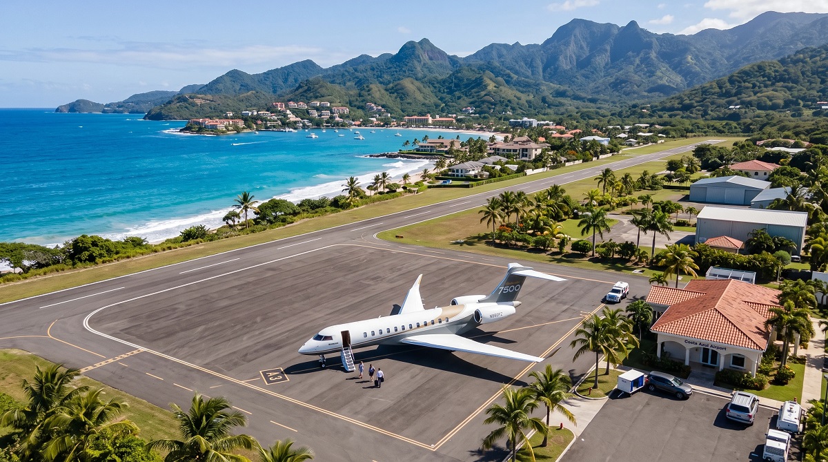 Private jet parked on the tarmac at a tropical island airport overlooking a turquoise bay and luxury vacation resort