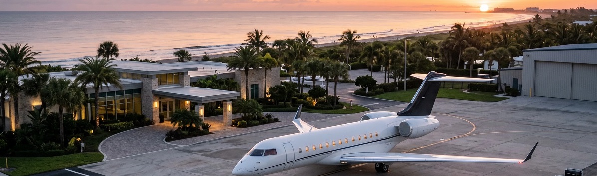 Private jet parked on an airport ramp near Palm Beach at sunset