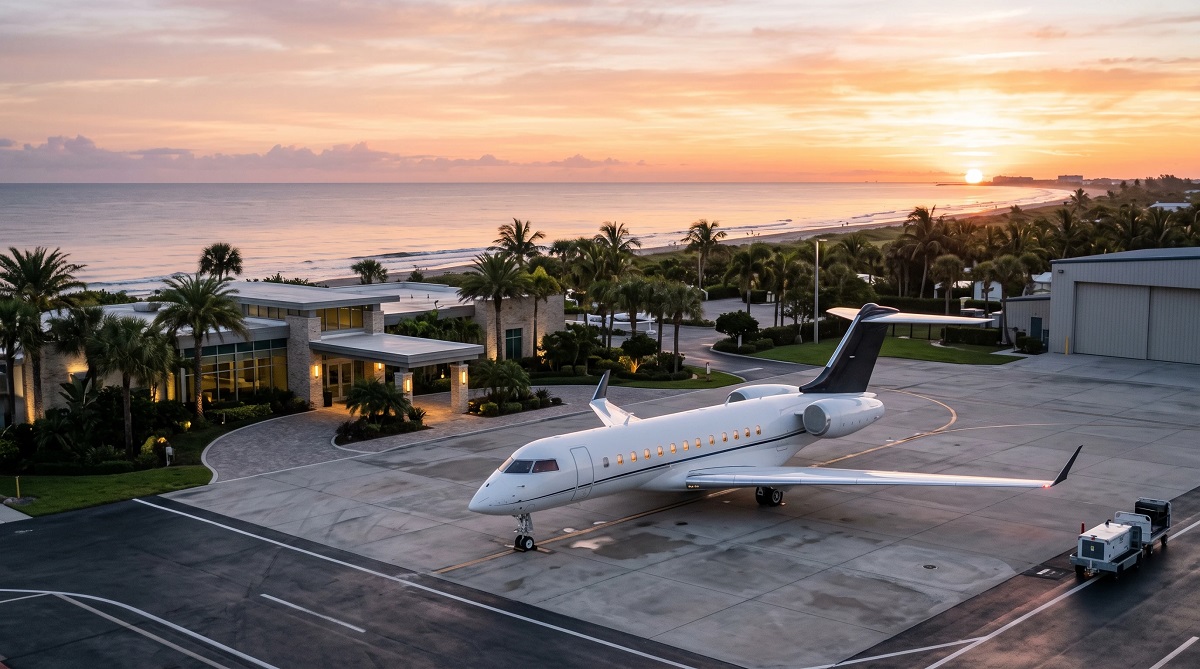 Private jet parked on an airport ramp near Palm Beach at sunset