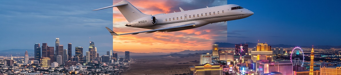 Private jet flying between the Los Angeles and Las Vegas skylines at sunset