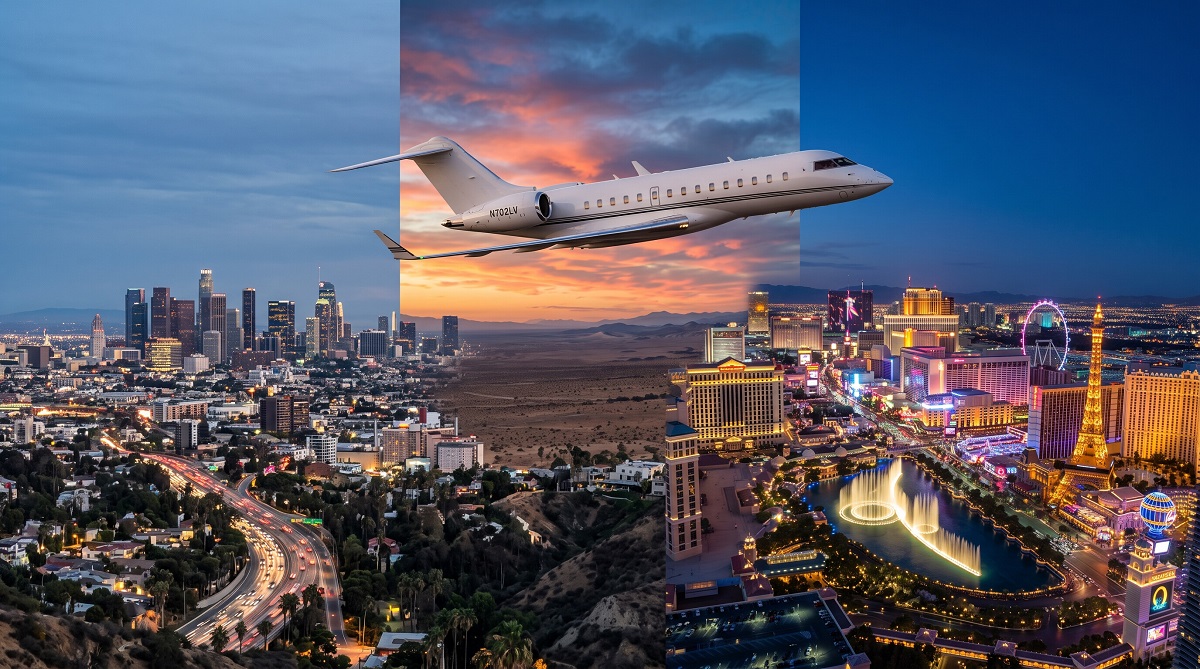 Private jet flying between the Los Angeles and Las Vegas skylines at sunset