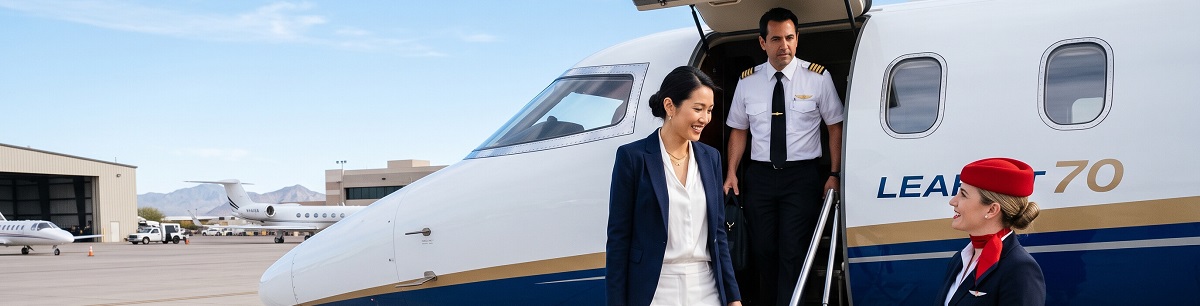 Passenger being welcomed by private jet crew at Phoenix-Mesa Gateway Airport