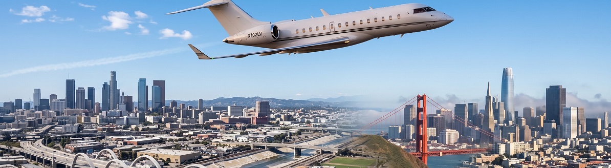 Private jet flying from downtown Los Angeles toward the Golden Gate Bridge and San Francisco skyline